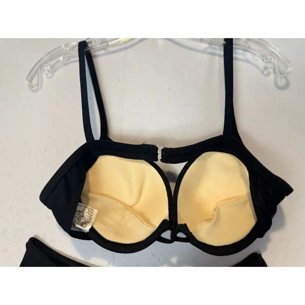 Vtg Athena Black Bikini Sz 12 Top Push Up‎ Top High Cut Bottoms